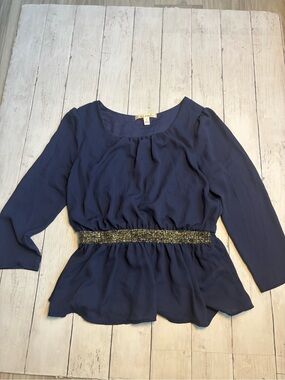 miami Navy Long-Sleeve Peplum Blouse with Metallic Waistband